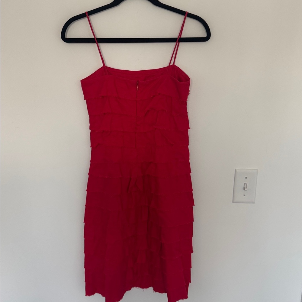 J.Crew 100% Linen Ruffle Bright Red Spaghetti Strap Mini Dress - Size 0 - Picture 2 of 3